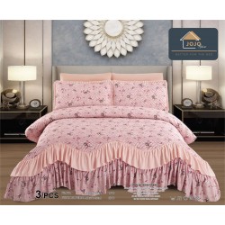 Cuvertura Lux Matlasata cu Volan, Pat 2 Persoane, 3 Piese, Finet, Roz-Multicolor, flori, CML-009