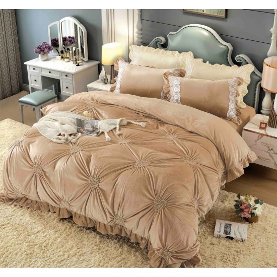 Set Lenjerie de Pat din Catifea, Cu Broderie, 4 Piese, Pat 2 Persoane, Bej, LCI-046 Lenjerii Catifea 4 piese