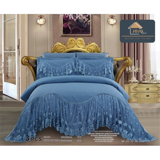 Cuvertura Lux Matlasata cu Volan Uni, Pat 2 Persoane, 3 Piese, Finet, Albastru, CML-017 Cuverturi matlasate cu volane uni