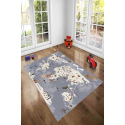 Covor Camera Copii, Antiderapant, Model cu Harta Lumii, Gri-Alb, CAM-053