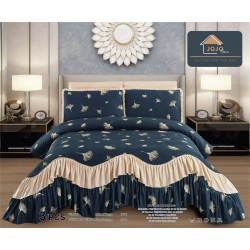 Cuvertura Lux Matlasata cu Volan, Pat 2 Persoane, 3 Piese, Finet, Albastru-Crem, flori, CML-011