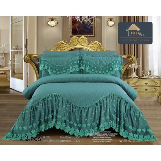 Cuvertura Lux Matlasata cu Volan Uni, Pat 2 Persoane, 3 Piese, Finet, Turquoise, CML-016 Cuverturi matlasate cu volane uni