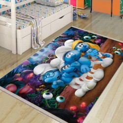 Covor Camera Copii, Antiderapant, Model cu Strumfi, Albastru-Multicolor, CAM-055