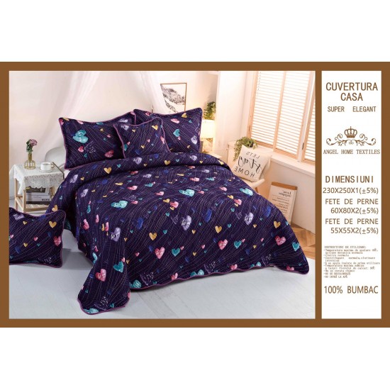 Cuvertura pat dublu din Bumbac Finet, 5 pierse, Mov-Multicolor, inimi, ESC-109 Cuverturi 5 piese