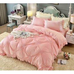 Set Lenjerie de Pat din Catifea, Cu Broderie, 4 Piese, Pat 2 Persoane, Roz, LCI-051