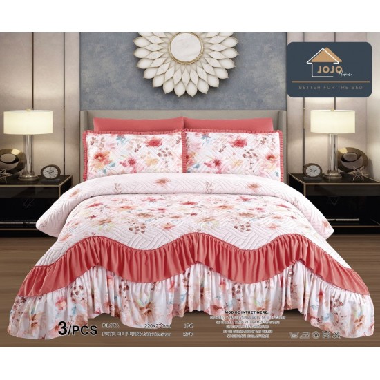 Cuvertura Lux Matlasata cu Volan, Pat 2 Persoane, 3 Piese, Finet, Corai-Alb, flori. CML-010 Cuverturi matlasate cu volane