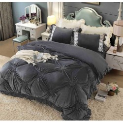 Set Lenjerie de Pat din Catifea, Cu Broderie, 4 Piese, Pat 2 Persoane, Gri Antracit, LCI-053