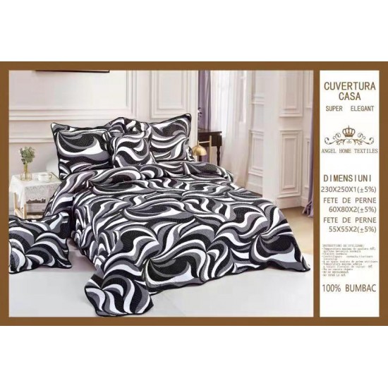 Cuvertura pat dublu din Bumbac Finet, 5 pierse, Alb-Negru, linii serpuite, ESC-108 Cuverturi 5 piese