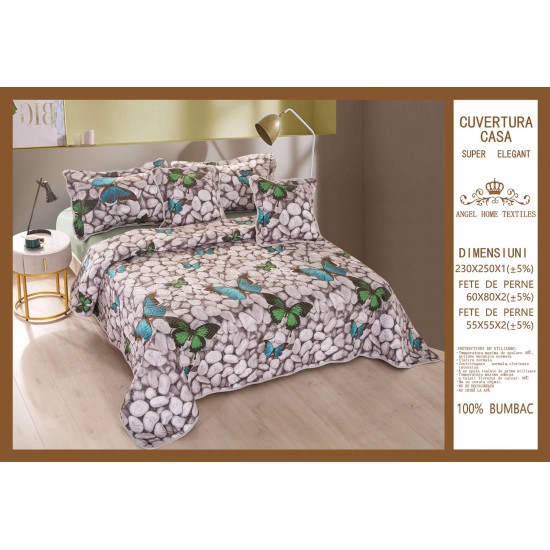 Cuvertura pat dublu din Bumbac Finet, 5 pierse, Gri-Verde, fluturi, ESC-121 Cuverturi 5 piese