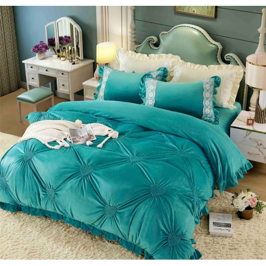 Set Lenjerie de Pat din Catifea, Cu Broderie, 4 Piese, Pat 2 Persoane, Turquoise, LCI-048 Lenjerii Catifea 4 piese