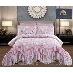 Cuvertura Lux Matlasata cu Volan, Pat 2 Persoane, 3 Piese, Finet, Roz-Alb, flori, CML-004