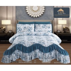 Cuvertura Lux Matlasata cu Volan, Pat 2 Persoane, 3 Piese, Finet, Albastru-Alb, flori, CML-003