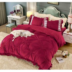 Set Lenjerie de Pat din Catifea, Cu Broderie, 4 Piese, Pat 2 Persoane, Rosu, LCI-056