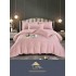 Lenjerie de pat damasc 1 persoană (Single) – model elegant cu dungi fine, Roz-pudra, LDS-010