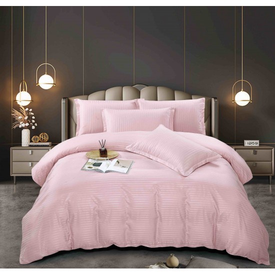 Lenjerie, pat dublu, cu ELASTIC, Damasc Finetat, 6 piese, Roz deschis, LDS-069 Lenjerii Damasc 6 piese cu Cearsaf cu ELASTIC