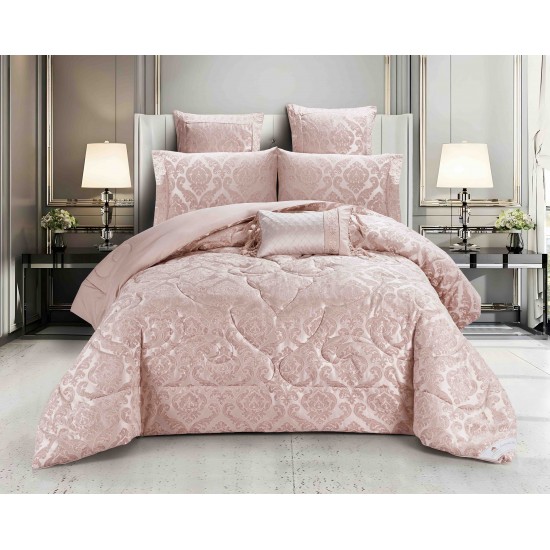 Lenjerie de pat cu elastic si pilota inclusa, bumbac tip jacquard, pat dublu, 7 piese, Roz, PJD-05 Pilote Jacquard 7 piese