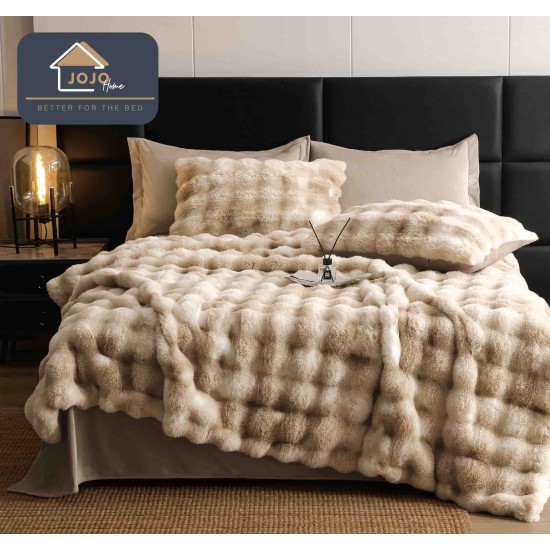 Lenjerie de pat, DeLuxe, cocolino tip blăniță iepure, 2 persoane, 6 piese, Bej-Alb, ombre, LCE-034 Lenjerii Blanita Iepure