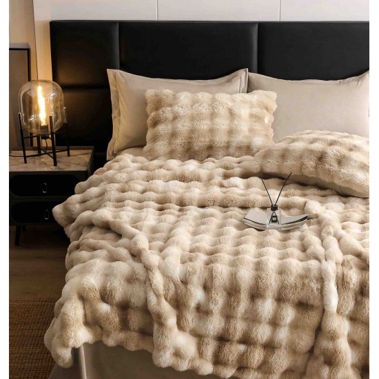 Lenjerie de pat, DeLuxe, cocolino tip blăniță iepure, 2 persoane, 6 piese, Bej-Alb, ombre, LCE-034 Lenjerii Blanita Iepure
