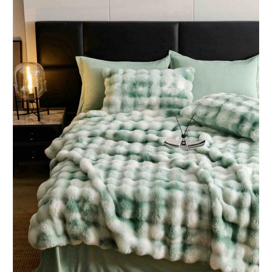 Lenjerie de pat, DeLuxe, cocolino tip blăniță iepure, 2 persoane, 6 piese, Verde-Alb, ombre, LCE-033 Lenjerii Blanita Iepure