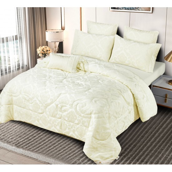 Lenjerie de pat cu elastic si pilota inclusa, bumbac tip jacquard, pat dublu, 7 piese, Crem, PJD-06 Pilote Jacquard 7 piese