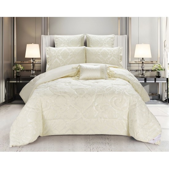 Lenjerie de pat cu elastic si pilota inclusa, bumbac tip jacquard, pat dublu, 7 piese, Crem, PJD-06 Pilote Jacquard 7 piese