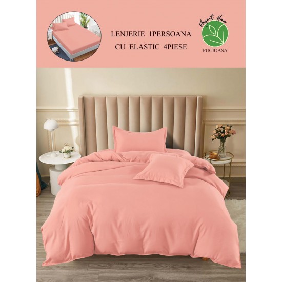 Lenjerie de Pat din Finet, 4 Piese, Pat 1 Persoana, cu ELASTIC, Roz, LFS-062 Lenjerii Finet 1 persoana
