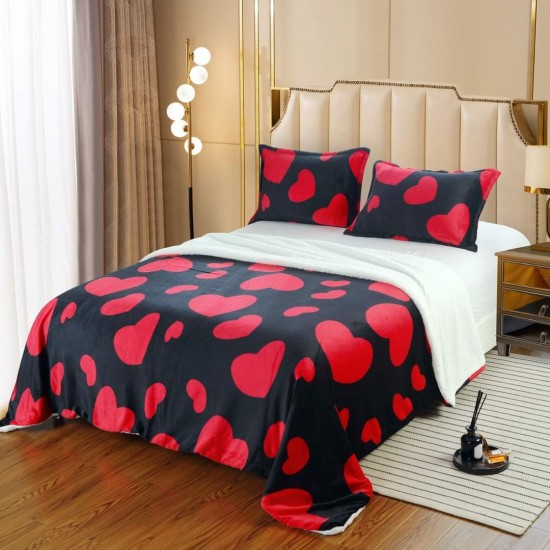 Patura CoCoLiNo cu blanita, 200x230 cm +2 fete de perna, Rosu-Negru, inimi, PBC-013 Paturi cu blanita
