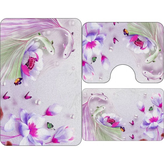 Set 3 Covorase Baie Antiderapante, Multicolor, flori, pesti, CAM-074 Set covorase baie antiderapante