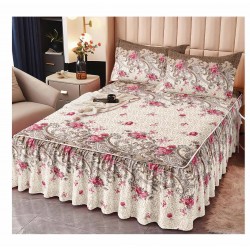 Cearsaf cu volanase, Bumbac FINET, plus  2 fete de perne 50x70cm,  Crem-Bej, flori, LDBS-176