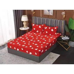Cearsaf cu elastic COCOLINO, 180x200x25cm, plus 2 fete de perne, Rosu-Alb, inimi, HC-023