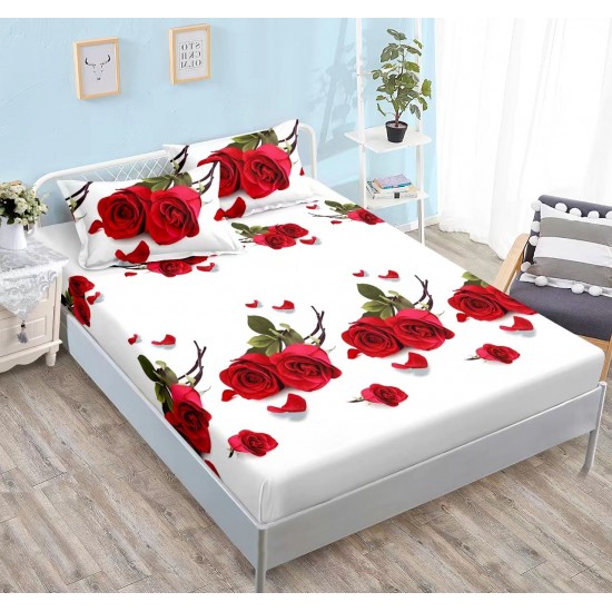 Cearsaf cu elastic COCOLINO, 180x200x25cm, plus 2 fete de perne, Alb-Rosu, flori, HC-063 Huse Cocolino