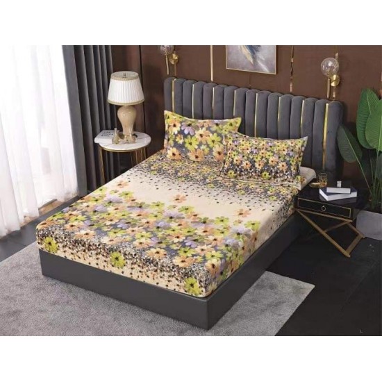 Cearsaf cu elastic COCOLINO, 180x200x25cm, plus 2 fete de perne, Bej-Maro, flori, HC-011 Huse Cocolino