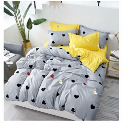 Lenjerie pat dublu, 4 piese, Bumbac Satinat Superior, Gri-Galben, inimi, OLBS-032