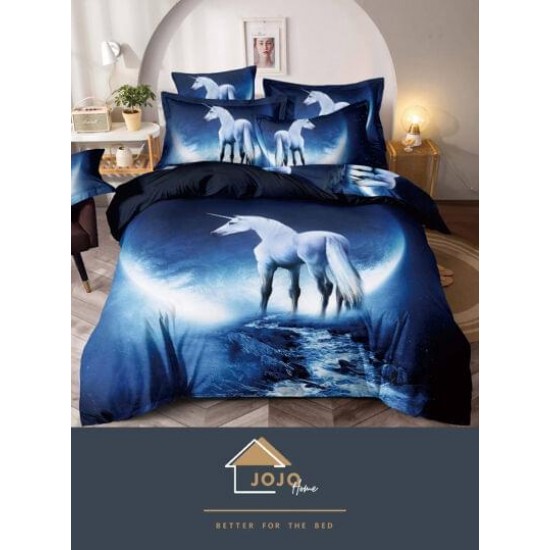 Set Lenjerie de Pat din Finet, 6 Piese, Pat 2 Persoane, Imprimeu 3D Identic cu Poza, Alb-Bleu, unicorn, LFL-020 Lenjerii Finet PREMIUM LUX
