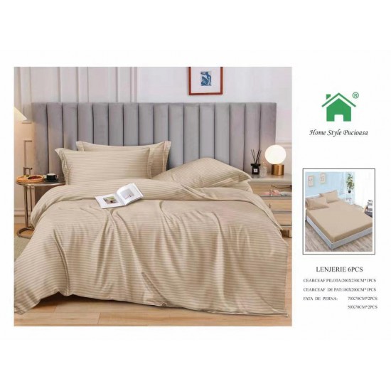 Lenjerie, pat dublu, cu ELASTIC, Damasc Finetat, 6 piese, Bej, LDS-051 Lenjerii Damasc 6 piese cu Cearsaf cu ELASTIC