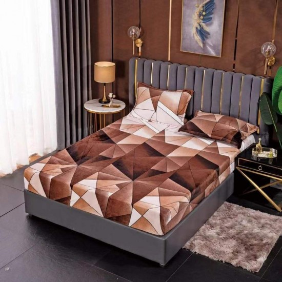 Cearsaf cu elastic COCOLINO, 180x200x25cm, plus 2 fete de perne, Bej-Maro, forme geometrice, HC-012 Huse Cocolino
