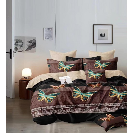 Lenjerie pat dublu, 4 piese, Bumbac Satinat Superior, Maro-Multicolor, fluturi, LDBS-164 Oferta Trio 199