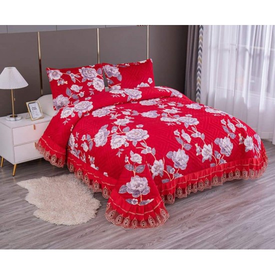 Cuvertura de Catifea cu Volanase, 3 Piese, pentru Pat Dublu, 2 Fete de Perna, Rosu-Alb, CVM-003 Cuverturi catifea 3 piese cu model si volane