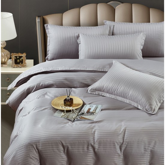 Lenjerie, pat dublu, cu ELASTIC, Damasc Finetat, 6 piese, Gri-deschis, LDS-061 Lenjerii Damasc 6 piese cu Cearsaf cu ELASTIC