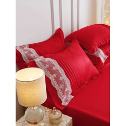 Lenjerie pat dublu finet 6 piese cu pliuri, inimioare și broderie-rosu, LIB-030