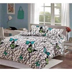 Lenjerie pat dublu, Super Pufoasa COCOLINO, 4 piese, Gri-Verde, pietre, fluturi, LDC-018