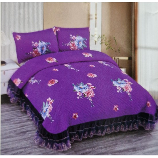 Cuvertura de Catifea cu Volanase, 3 Piese, pentru Pat Dublu, 2 Fete de Perna, Mov-Multicolor, flori, CVM-010 Cuverturi catifea 3 piese cu model si volane