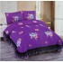Cuvertura de Catifea cu Volanase, 3 Piese, pentru Pat Dublu, 2 Fete de Perna, Mov-Multicolor, flori, CVM-010