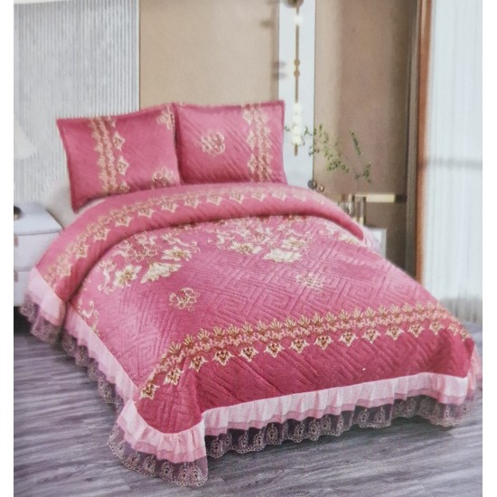 Cuvertura de Catifea cu Volanase, 3 Piese, pentru Pat Dublu, 2 Fete de Perna, Roz-Auriu, flori, CVM-008 Cuverturi catifea 3 piese cu model si volane