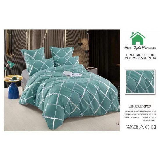 Lenjerie pat dublu, 6 piese, Bumbac Satinat Superior, Vernil-Argintiu, romburi, LFS-001 Lenjerii bumbac satinat superior