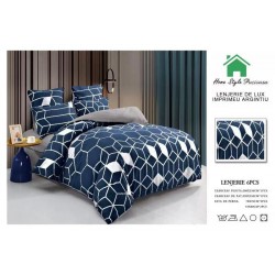 Lenjerie pat dublu, 6 piese, Bumbac Satinat Superior, Bleumarin-Argintiu, forme geometrice, LFS-003