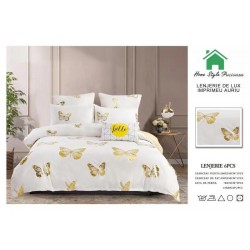 Lenjerie pat dublu, 6 piese, Bumbac Satinat Superior, Alb-Auriu, fluturi, LFS-005