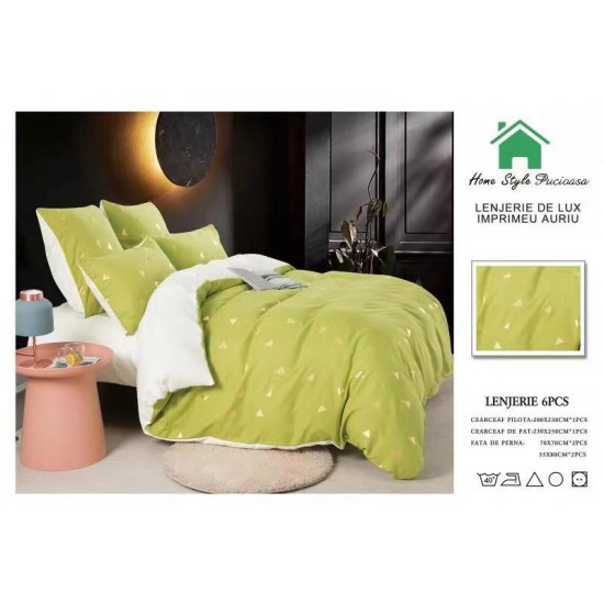 Lenjerie pat dublu, 6 piese, Bumbac Satinat Superior, Verde-Auriu, romburi, LFS-007 Lenjerii bumbac satinat superior