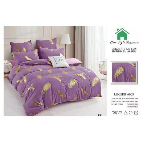 Lenjerie pat dublu, 6 piese, Bumbac Satinat Superior, Lila-Auriu, pene, LFS-010 Lenjerii bumbac satinat superior