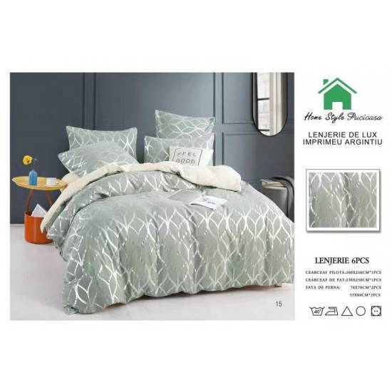 Lenjerie pat dublu, 6 piese, Bumbac Satinat Superior, Vernil-Auriu, frunze, LFS-014 Lenjerii bumbac satinat superior